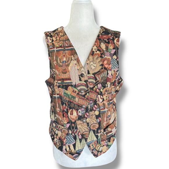 Vintage Karen Scott Tapestry Vest Circus Toys Bears Americana Vneck Size Medium - Picture 2 of 13